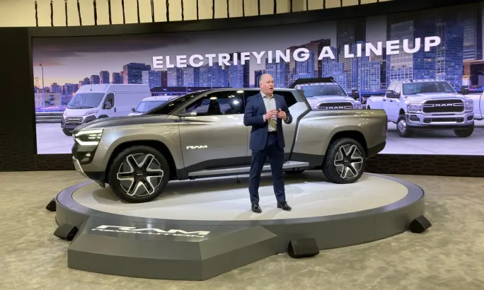 Ram electric concept truck shown at trade event.