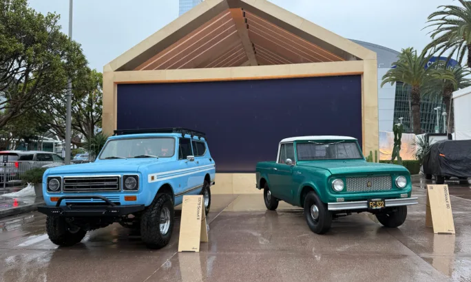 Classic Scout Motors vehicles on display.