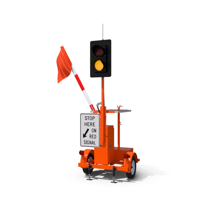 A orange traffic light stand with signals
