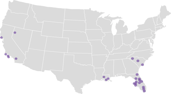Map of the U.S. showing the top 25 most disaster-prone counties based on FEMA declarations from 2013 to 2023.