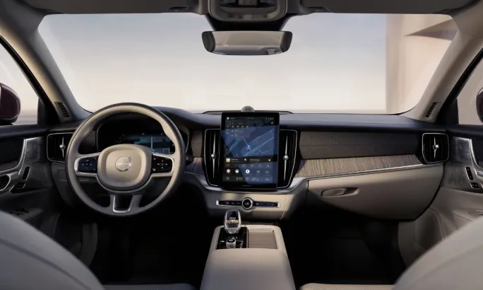 Front interior of a Volvo S90.