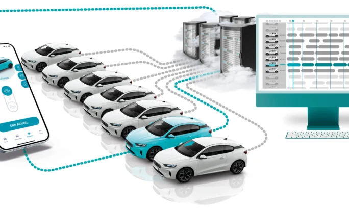 A graphic showing a row of rental cars interconnected with a mobile phone, a desktop computer, and a server.