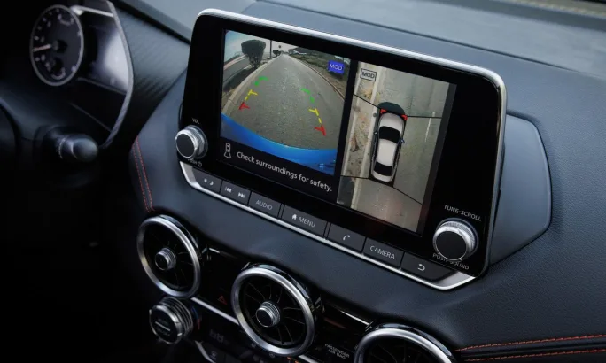 The infotainment screen inside a 2025 Nissan Sentra displaying the Intelligent Around View Monitor.