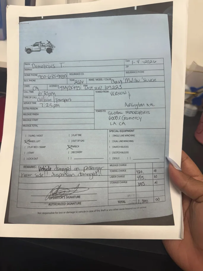 A towing bill listing excessive charges.