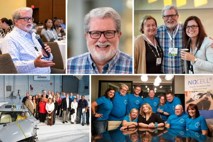 Collage highlighting Automotive Fleet Hall of Fame inductee Mark F. Petersen throughout his career, including industry events, safety meetings, and gatherings with fleet colleagues.