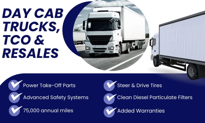 A collage of two photos of day cab trucks above a checklist for maximizing resale values.