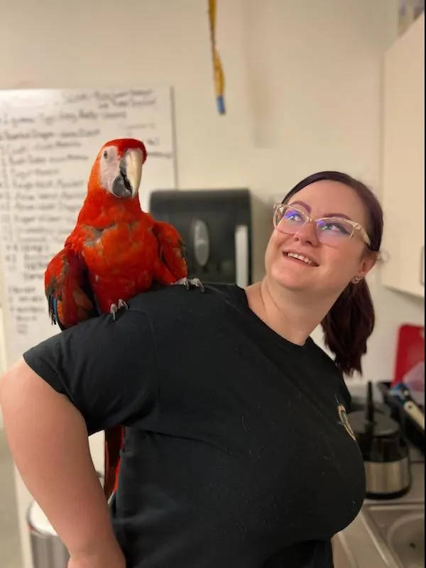 Mikhaila Baldwin poses with a red bird on her shoulder.