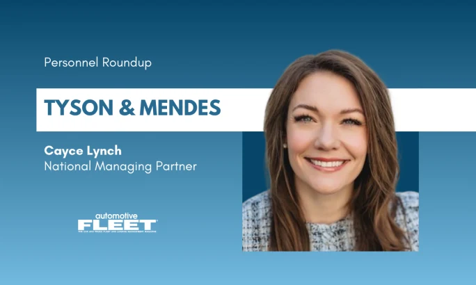 A blue and white graphic detailing Cayce Lynch's new position at Tyson & Mendes.