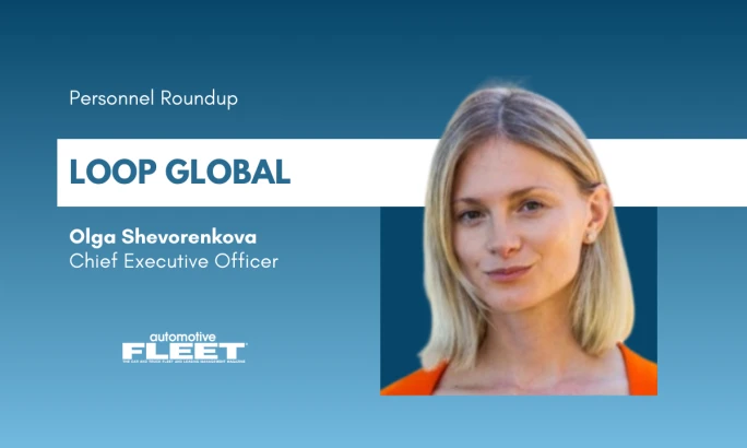 A blue and white graphic about Olga Shevorenkova joining Loop Global.