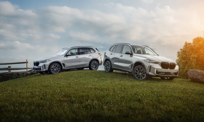 Two special limited-production Silver Anniversary Edition X5 xDrive40i parked on a small hill.