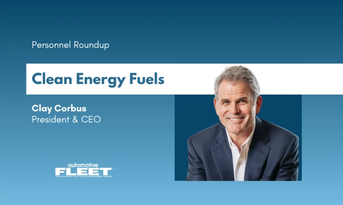 Portrait of Clay Corbus, President and CEO of Clean Energy Fuels, smiling in a suit jacket against a blue background.