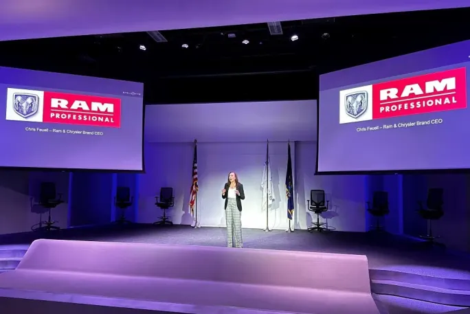 Ram Chrysler CEO Chris Feuell on stage. 