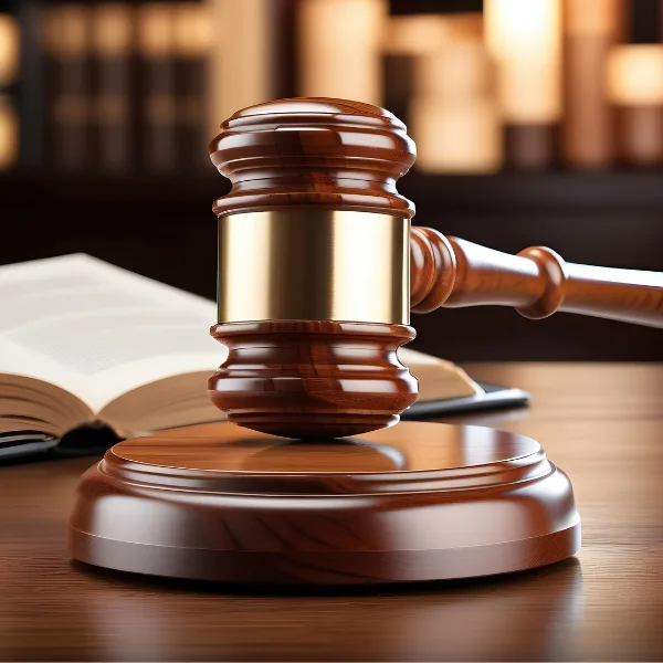 Gavel pounding a circular landing block on a polished brown desk with bookcases in the background.