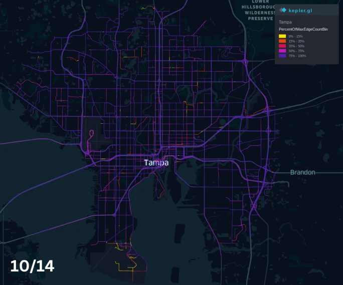 A map of Tampa, FL on October 14, 2024, showing vehicle volumes returning to normal volumes prior to October 7.