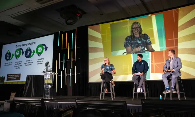 Theresa Belding presenting on stage with screen behind her and the panel.