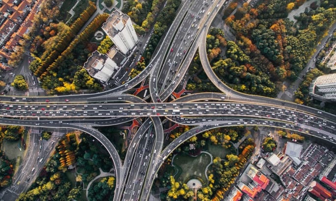 Highway roads are congested with traffic.