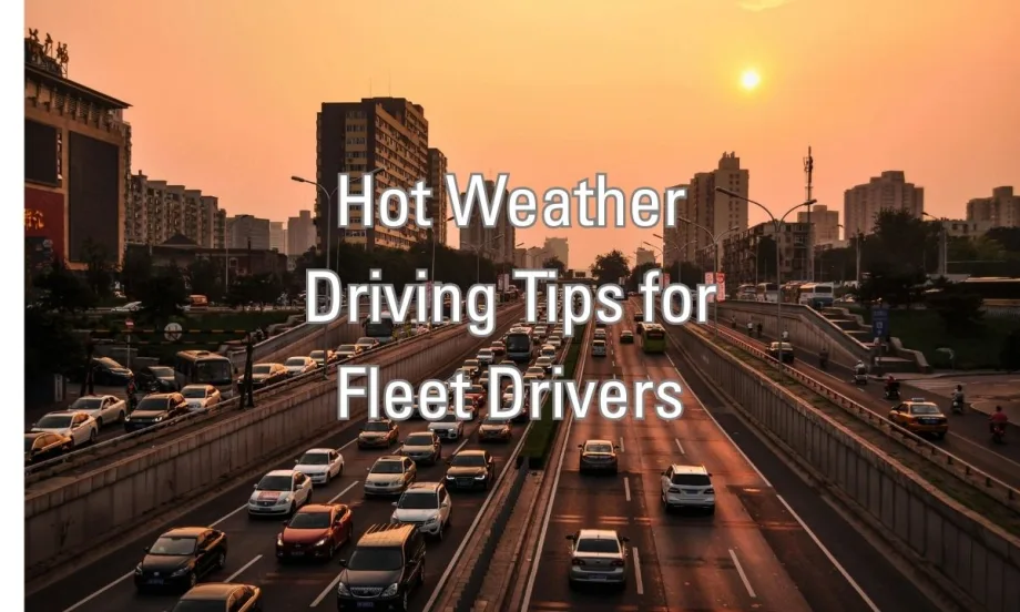 A thermometer with a high reading, and traffic behind it on a hot day. Words say the title of the article "Hot Weather Driving Tips for Fleet Drivers: 2025 Edition."