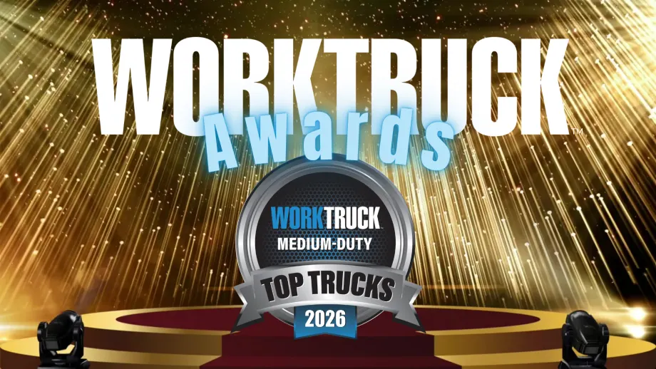 Work Truck Awards with Medium-Duty Top Trucks 2026 on gold background with spotlights.