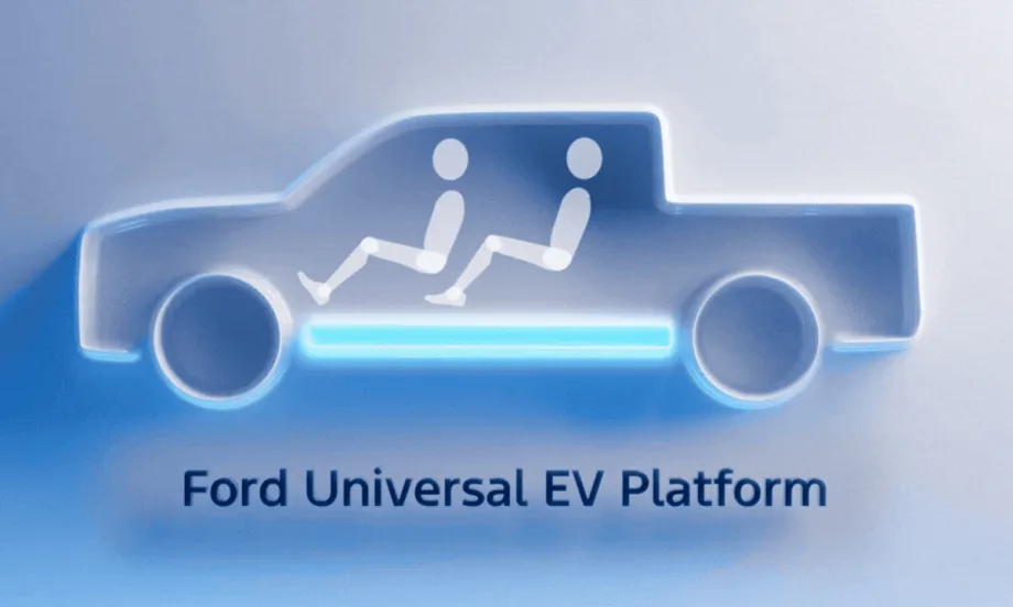 Diagram of Ford Universal EV Platform with stylized pickup outline and battery highlighted under passenger seats.