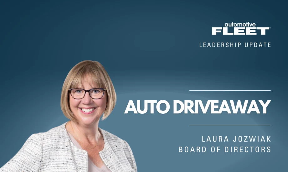 A leadership update graphic featuring Laura Jozwiak's headshot, highlighting her as a board director at Auto Driveway.