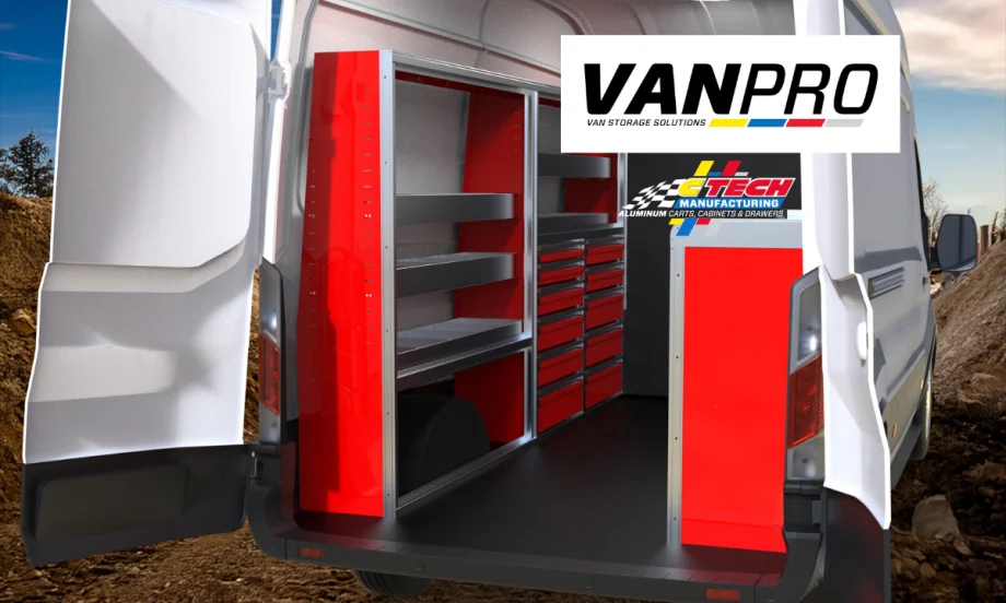 Image of rear doors of work van open and view of red shelving inside.