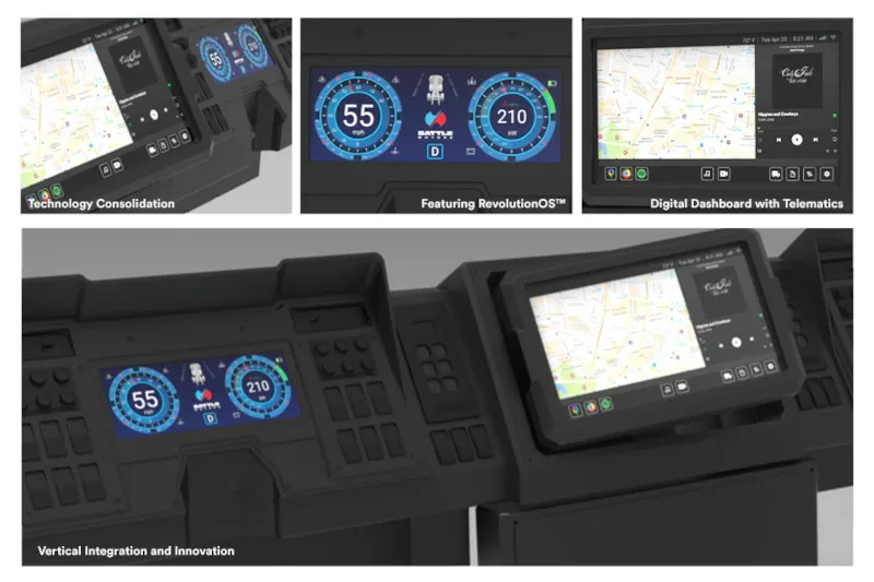 Multiple images of digital screens inside a truck.