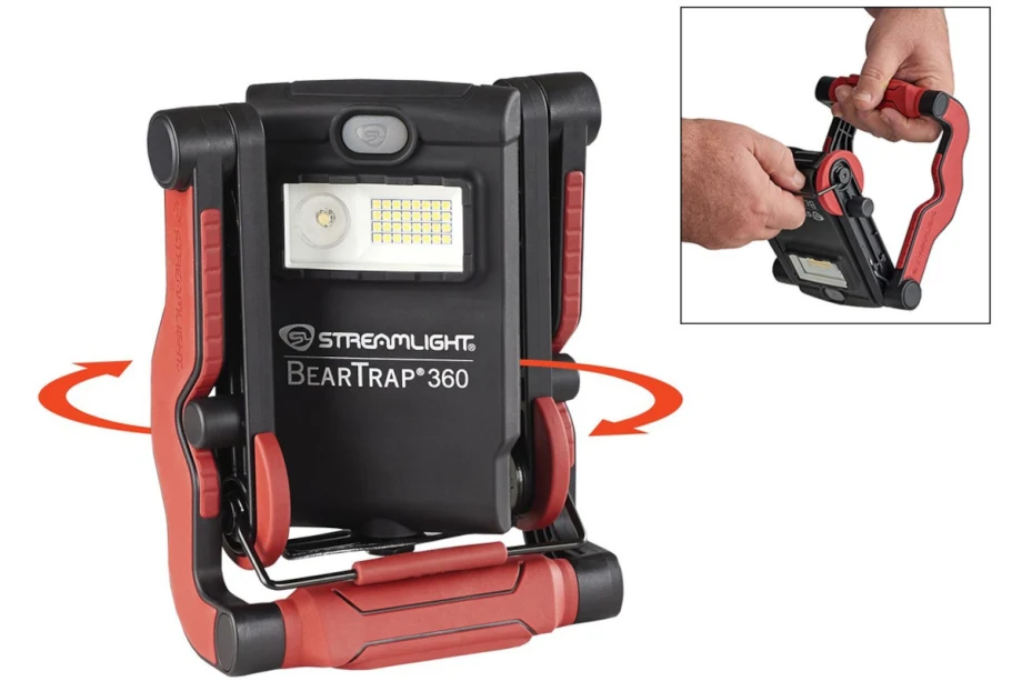 Two images are shown of a red and black shop light from Streamlight.