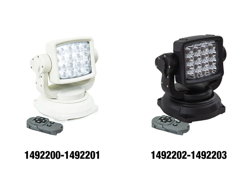 Image of two mounted spotlights, one white and one black, with each having a wireless remote.