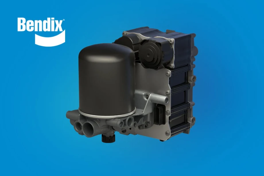 Blue background with white Bendix logo upper left, and dark gray piece of machinery in the middle.