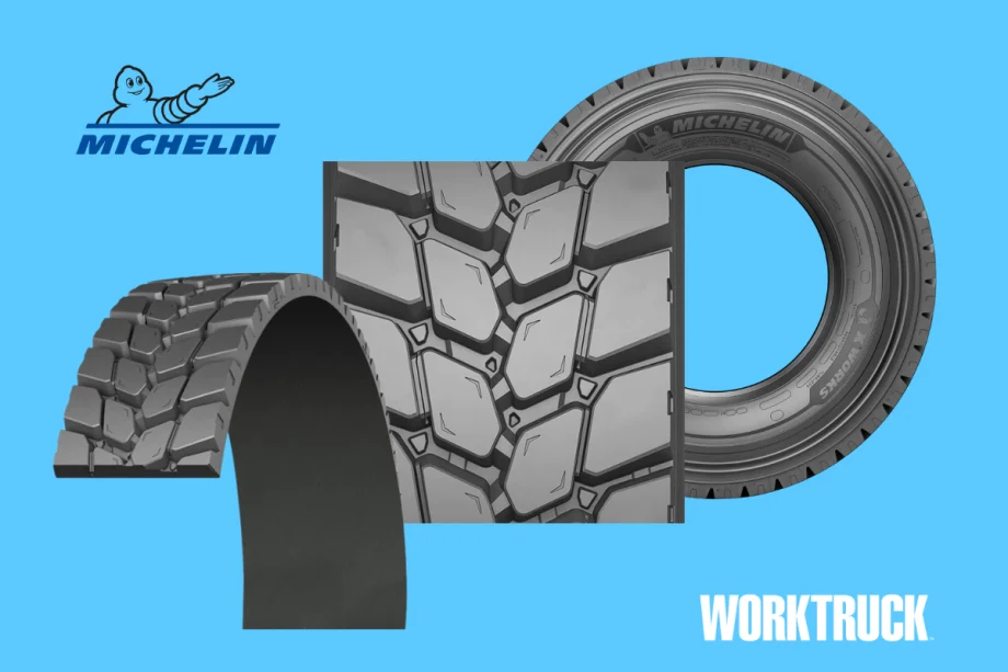 Michelin retread tire from three views on blue background