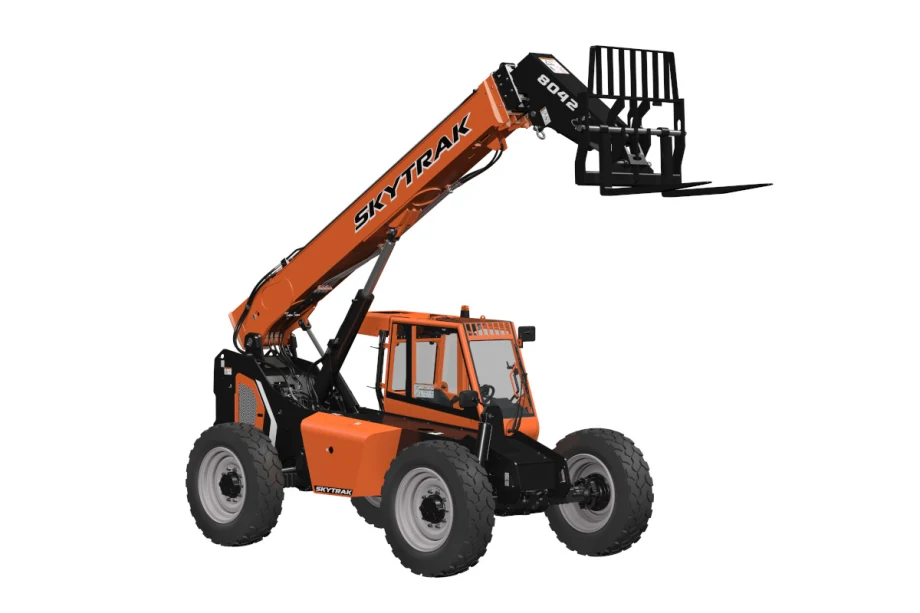 An orange Skytrak telehandler with boom extended is shown against a white background.