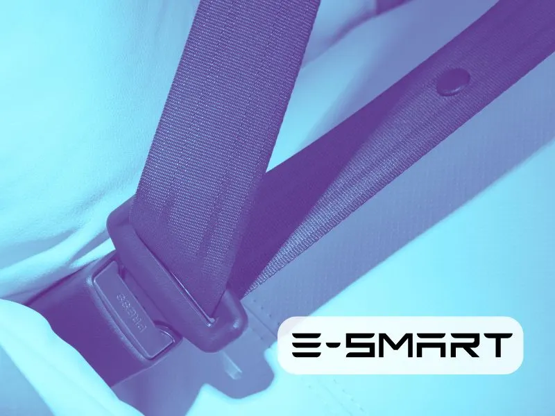 photo of a buckles seatbelt, with inset company logo for E-Smart.