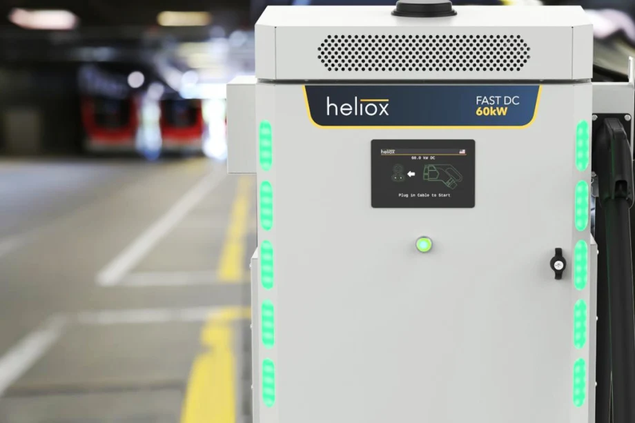 DC fast charge that looks like a large white box is located next to a parking area