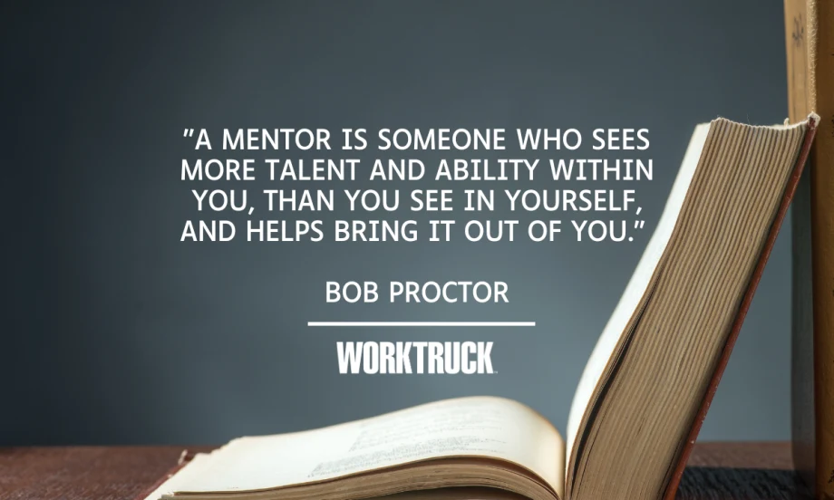 Gray background with book and quote: "A mentor is someone who sees more talent and ability within you, than you see in yourself, and helps bring it out of you," from Bob Proctor.