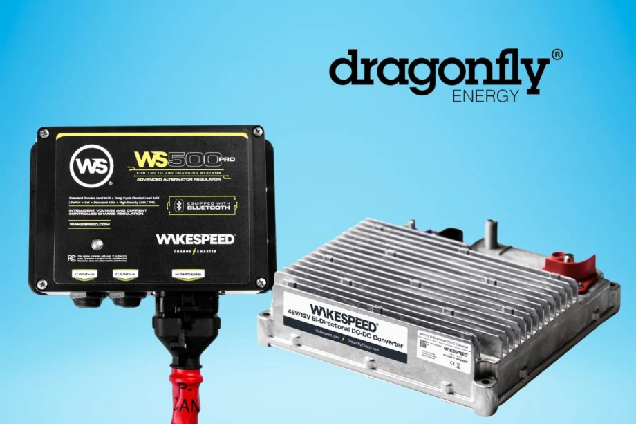Two electrical boxes are shown against a blue background with the company logo for Dragonfly Energy in the upper right corner.