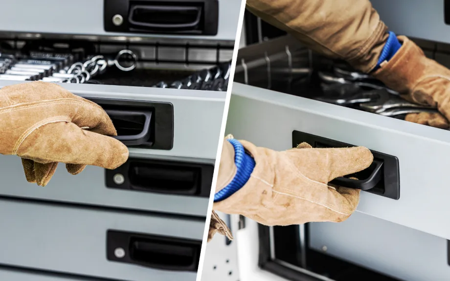 Two images of a gloved hand opening a latch handle on a tool drawer.