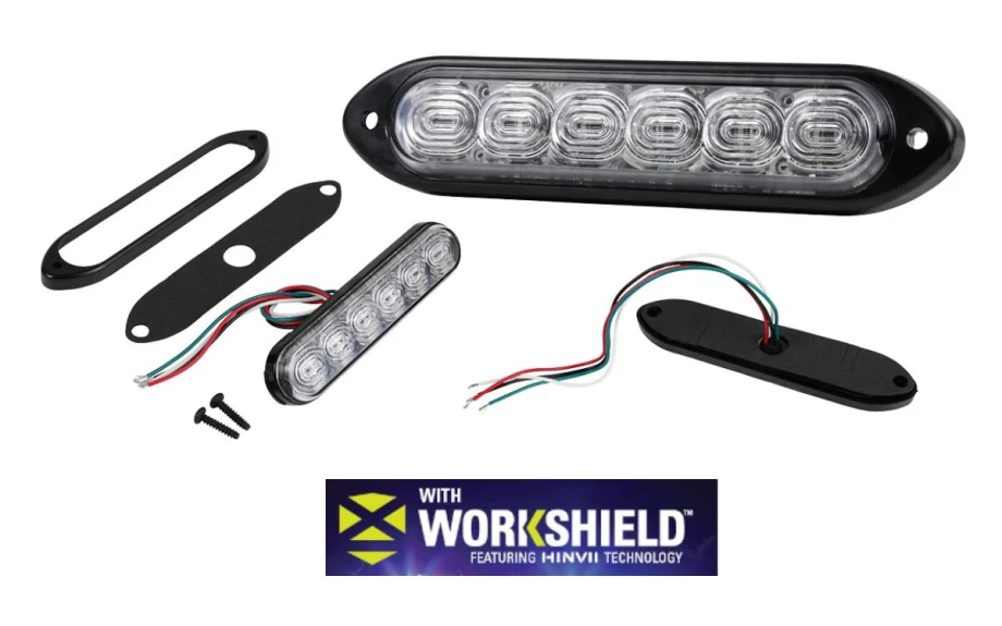 Collection of white emergency lights and wires and a logo for WorkShield.