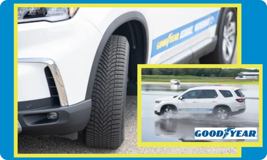 Image shows the front view of a tire tread on a vehicle, inset photo of SUV shows Goodyear vehicle testing tires on wet road.