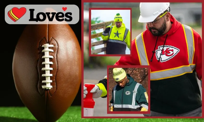 Love's Travel Stops logo, image of a football, and three images of workers wearing reflective apparel representing NFL teams.