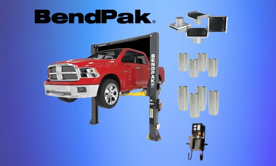Red pickup truck on a two-post automotive lift with logo on background for BendPak.