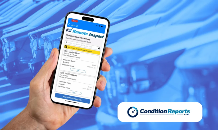 smartphone with app to value used vehicles, background image of vehicles