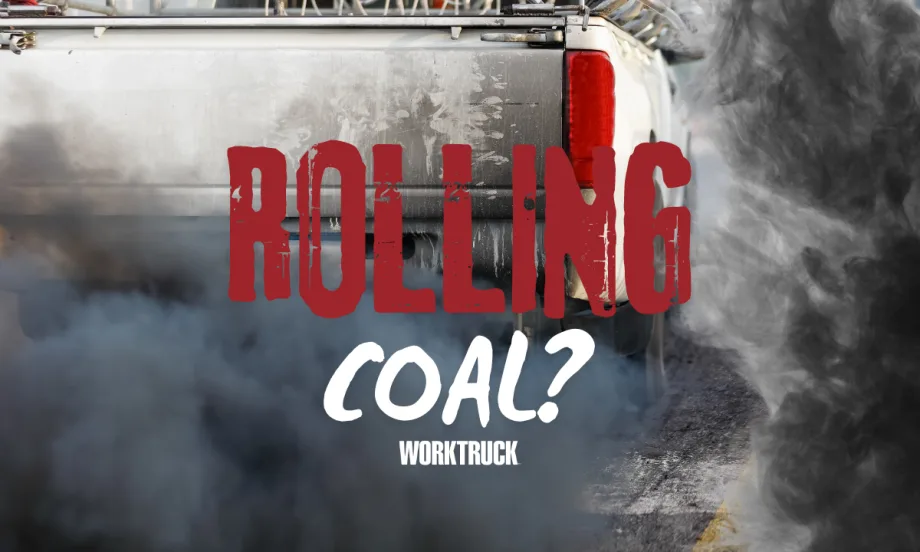 Photo of pickup truck emitting toxic smoke with ROLLING COAL? in large font