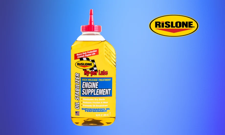 Yellow bottle of oil additive against a blue background and a company logo for Rislone