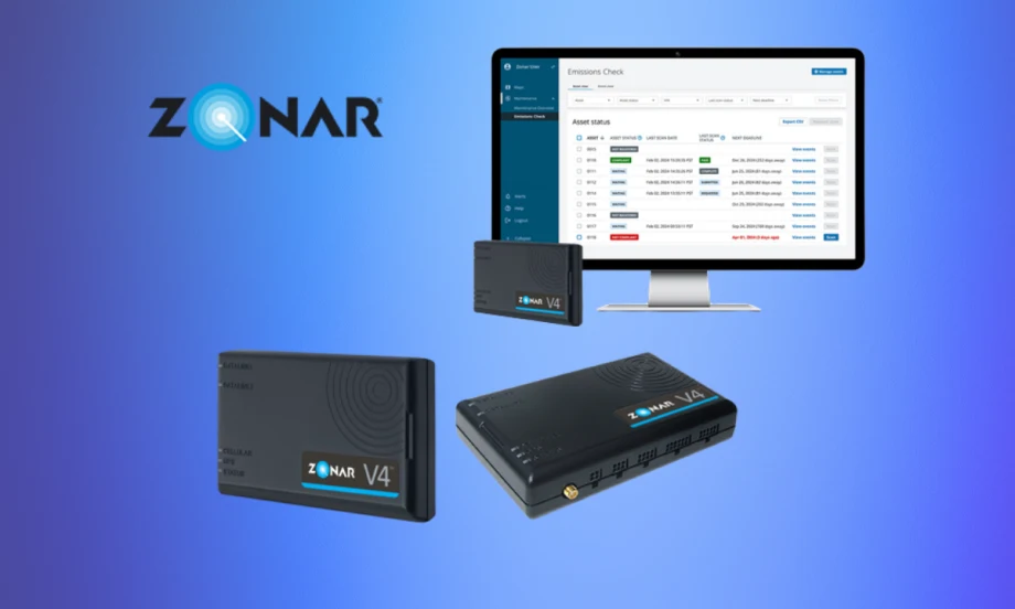 Black electronic equipment and a computer screen against a blue background and logo for Zonar.