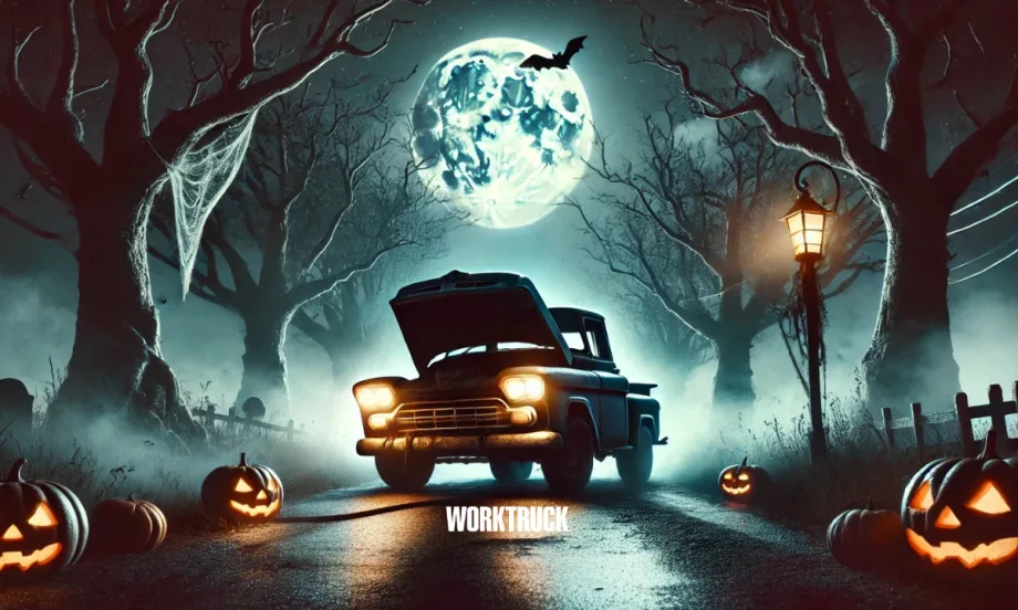 Sppoky broken down old pickup truck on a halloween road