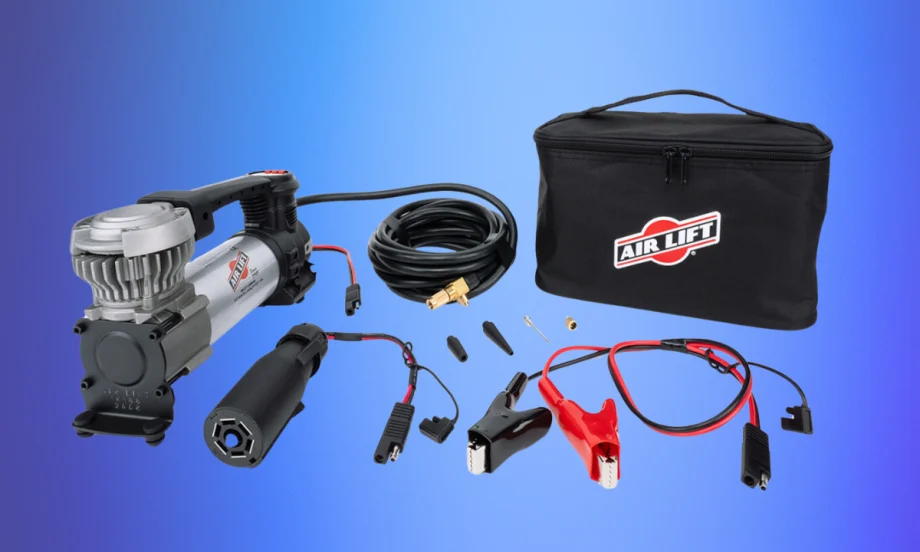 Air compressor kit displayed against a blue background.