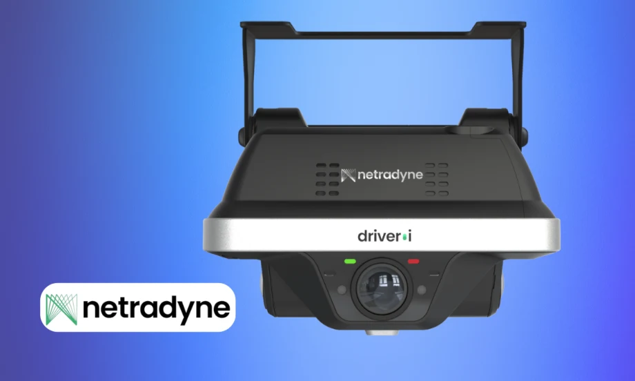 Driver-facing camera on a blue background with Netradyne company logo.