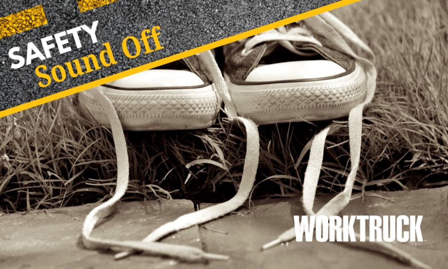 Logo for blog theme Safety Sound Off in the upper left, Work Truck logo lower right, against a background image of tennis shoes with untied laces.