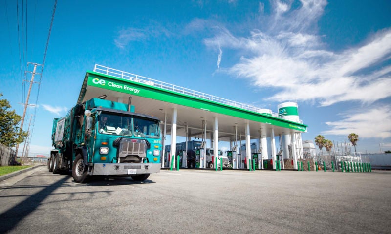 Renewable natural gas fueling station and a large truck.