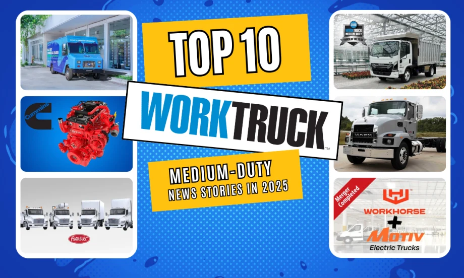 Six images inset against a blue background and headlines for Top 10 Work Truck Medium-Duty News Stories of 2025.